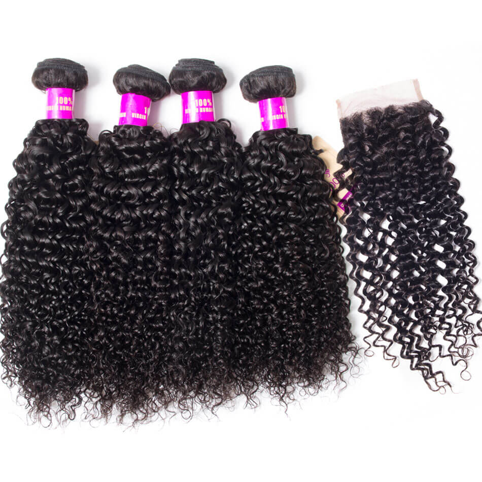 Indian Curly Human Hair Weft With Closure Deals 100% Virgin Human Hair Curly Wave 4 Bundles With Closure