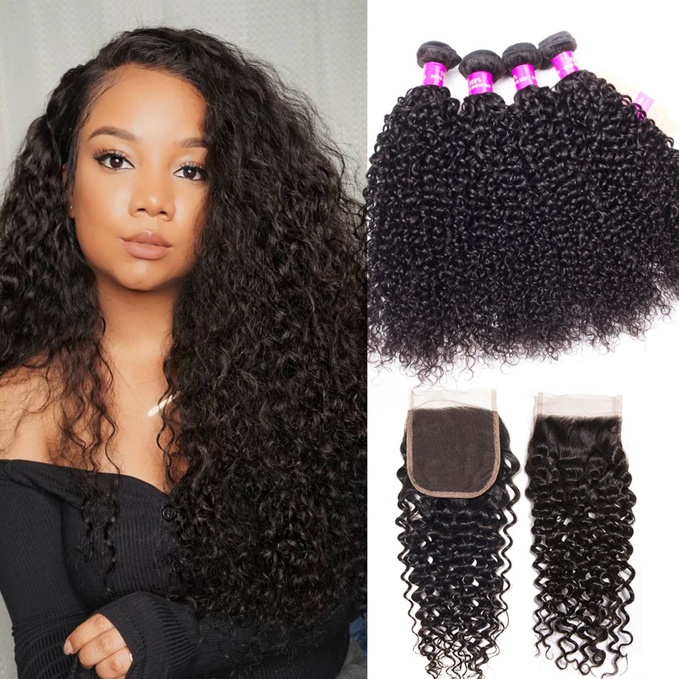 Tinashe Brazilian Curly Human Hair Weft With Closure 100% Virgin Human Hair 4 Bundles With Closure