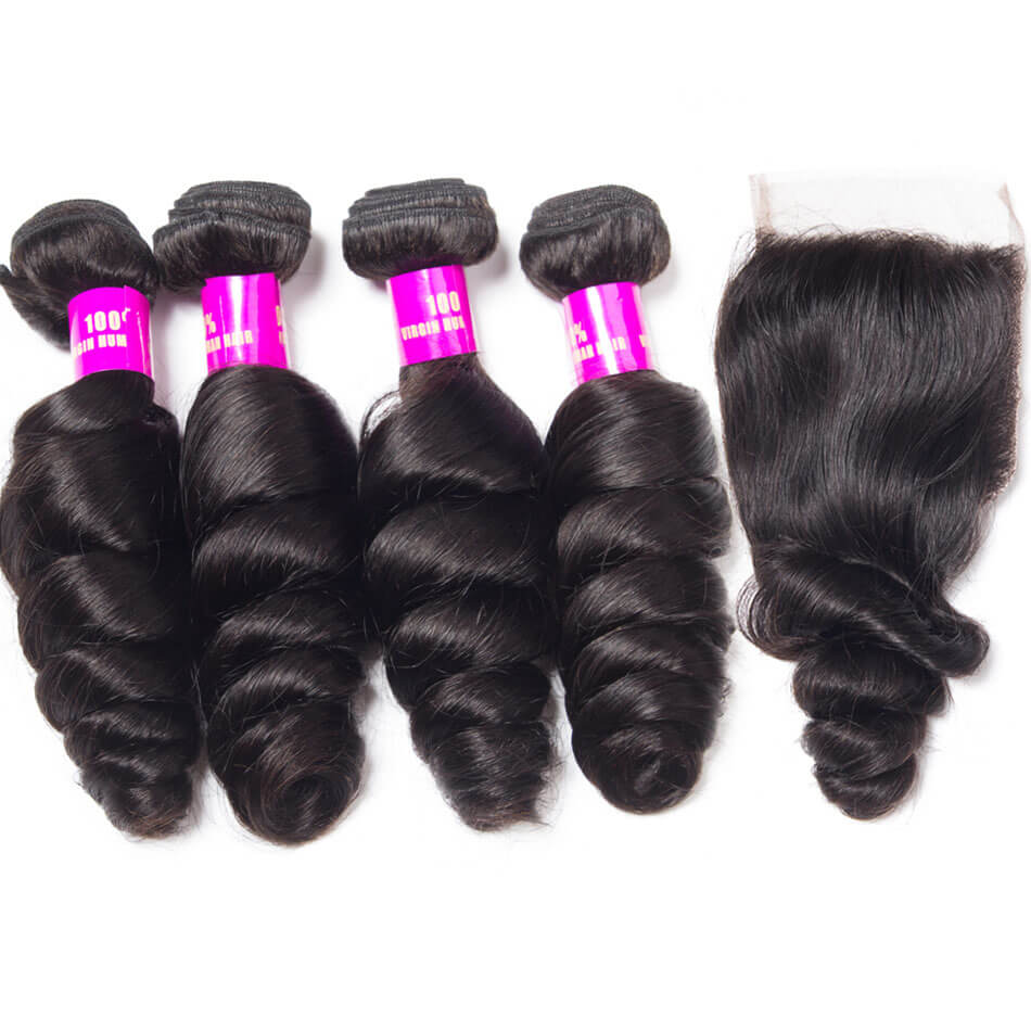 Tinashe Virgin Hair Brazilian Loose Wave With Closure Brazilian Remy Hair Spring Curly 4 Bundles Hair Weft With Closure