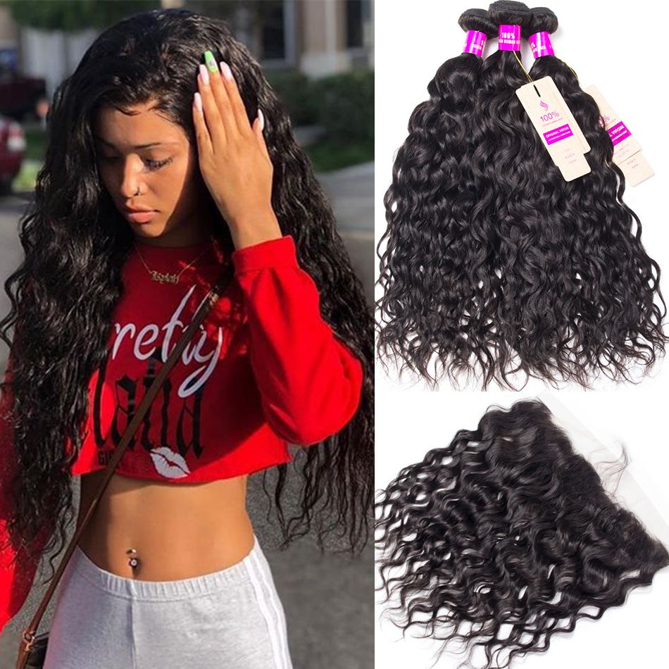 3 Bundles With Frontal Brazilian Wet And Wavy Human Hair Weave Bundles With Frontal No Shedding No Tangle