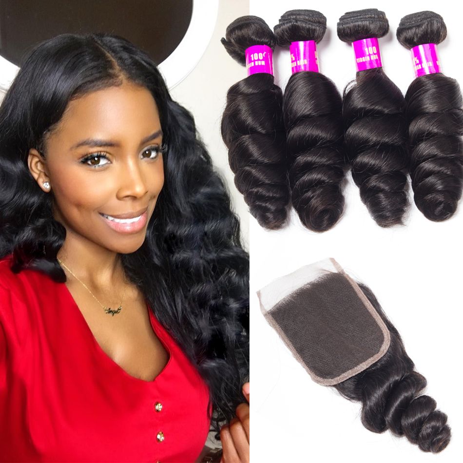 Tinashe Hair Peruvian Loose Wave With 4*4 Closure 100% Virgin Remy Hair With Closure Spring Loose Curly 4 Bundles Hair With Closure