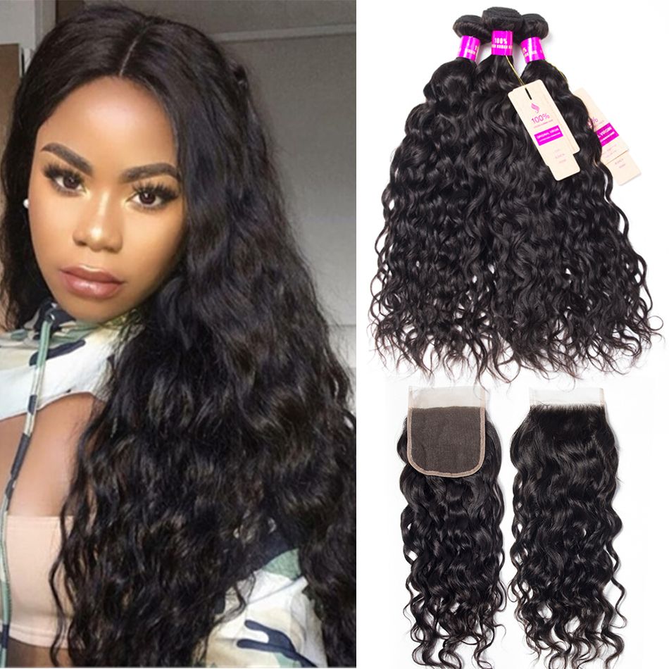 Wet and Wavy Human Hair Weave Bundles With Closure Natural Color 3 Bundles Peruvian Water Wave With Closure