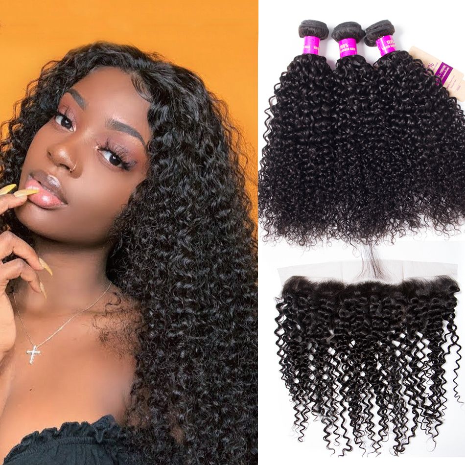 Malaysian Curly Human Hair Weft Bundles With 13*4 Lace Frontal Closure 3 Bundles With Frontal 100% Virgin Human Hair