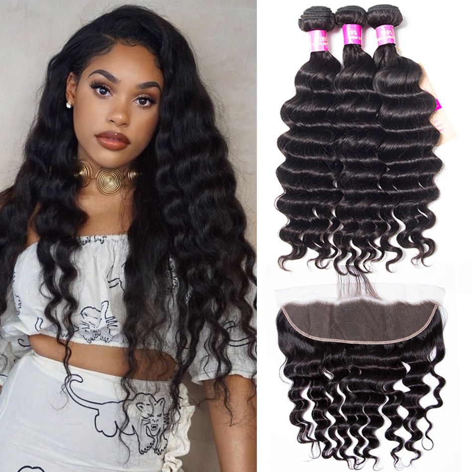 Lace Frontal Closure With 3 Bundles Loose Deep Indian Hair Weave 3 Bundles With Frontal Can Be Dyed And Bleached