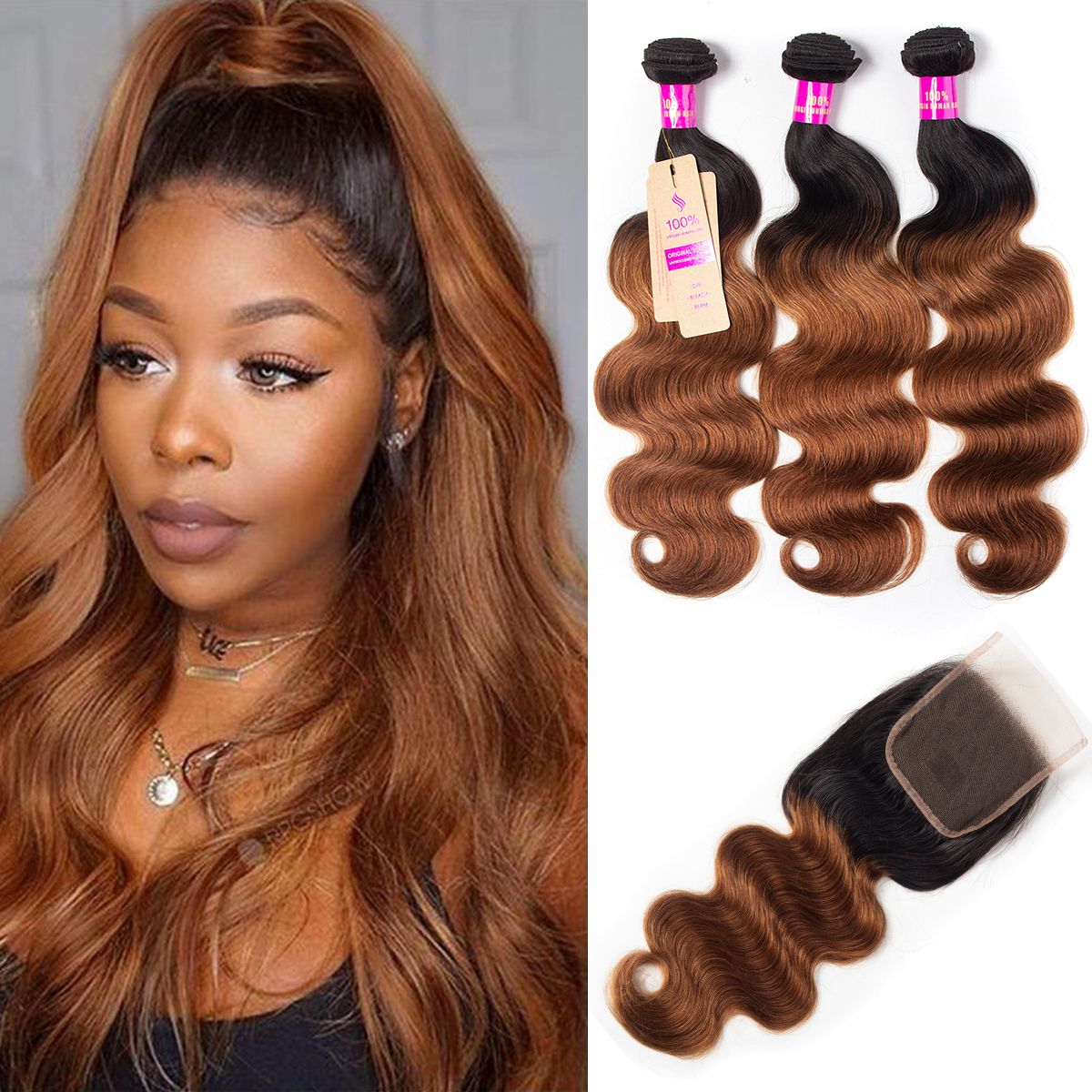 Brazilian Body Wave With Closure 1B/30 Brown Color Full Head