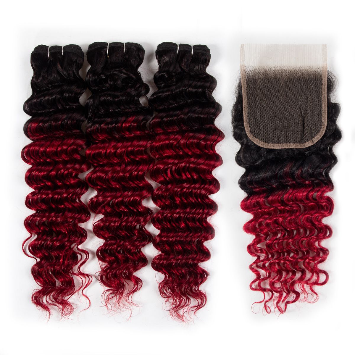 Ombre Hair T1B/Red Brazilian Deep Wave Bundles with Closure