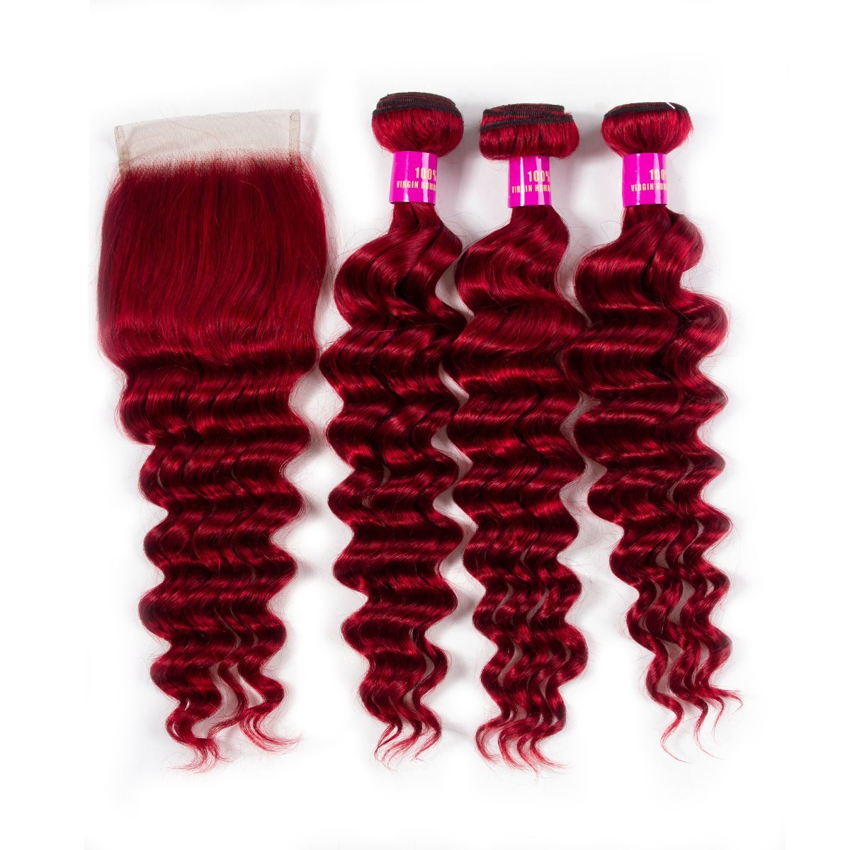 Red Human Hair Brazilian Loose Deep Wave Bundles with Closure