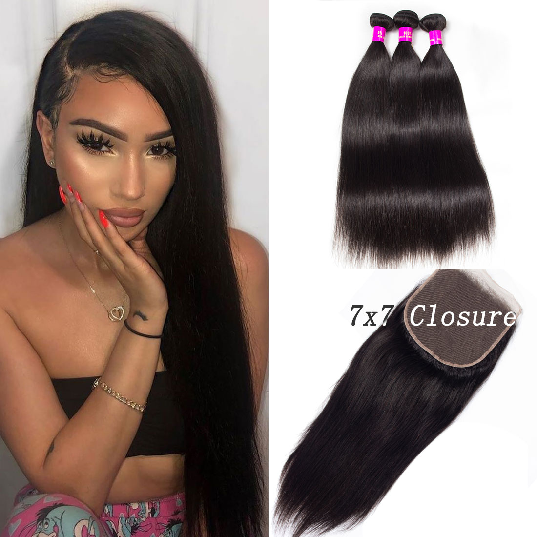 7×7 Lace Closure with Bundles Brazilian Straight Hair