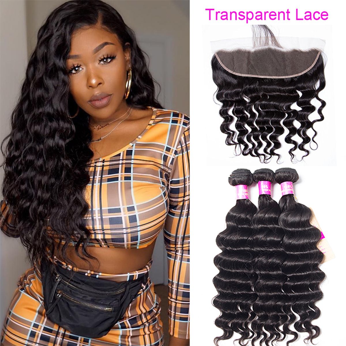 loose deep hair with transparent lace frontal