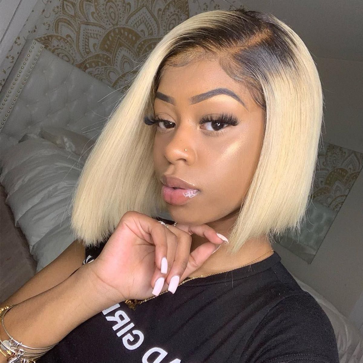 Short Bob Wigs Blonde Wig With Dark Roots Straight Hair 13×4 Lace Front Wigs