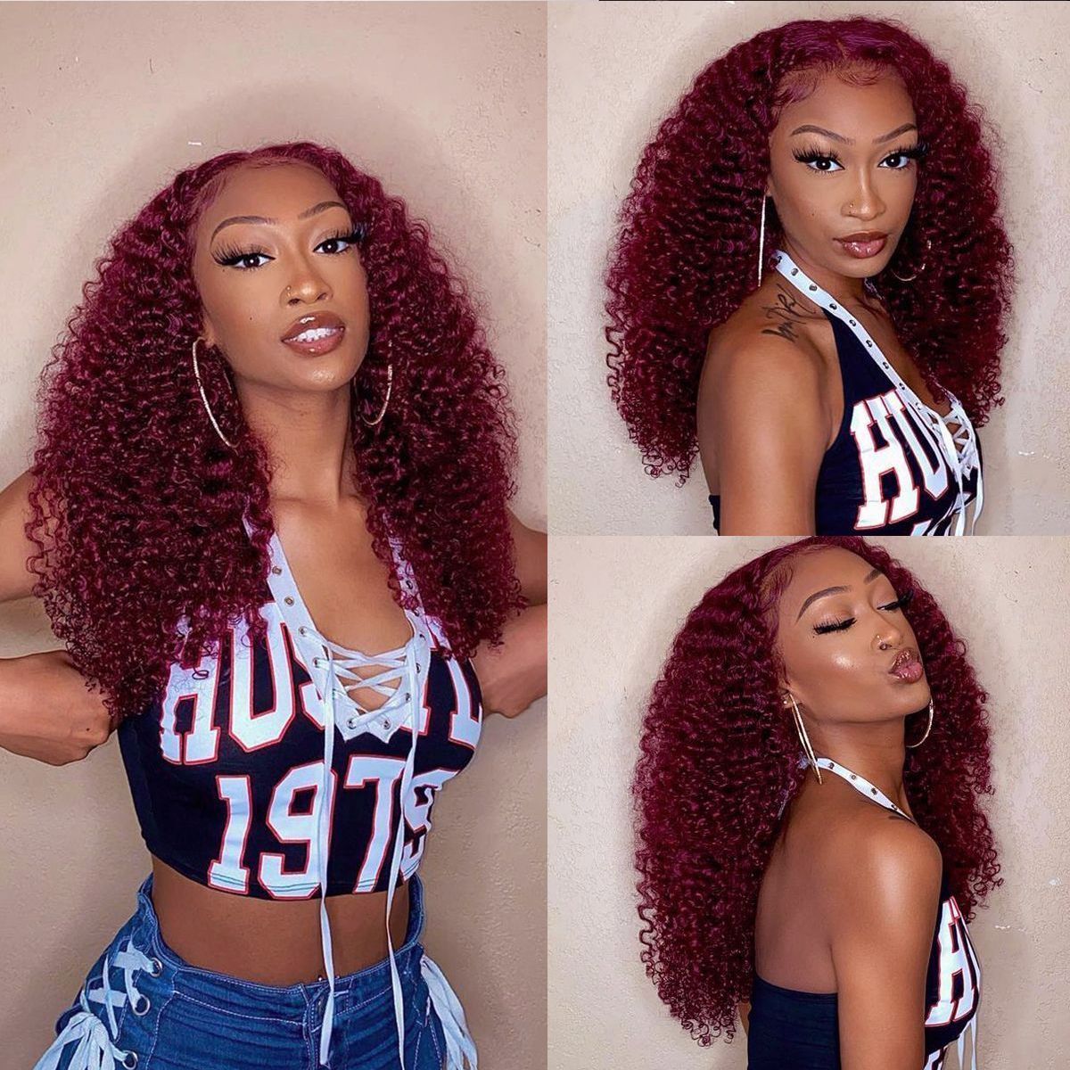99J Burgundy Red Curly Wave 13×4 Undetectablce Lace Front Wig | Tinashehair