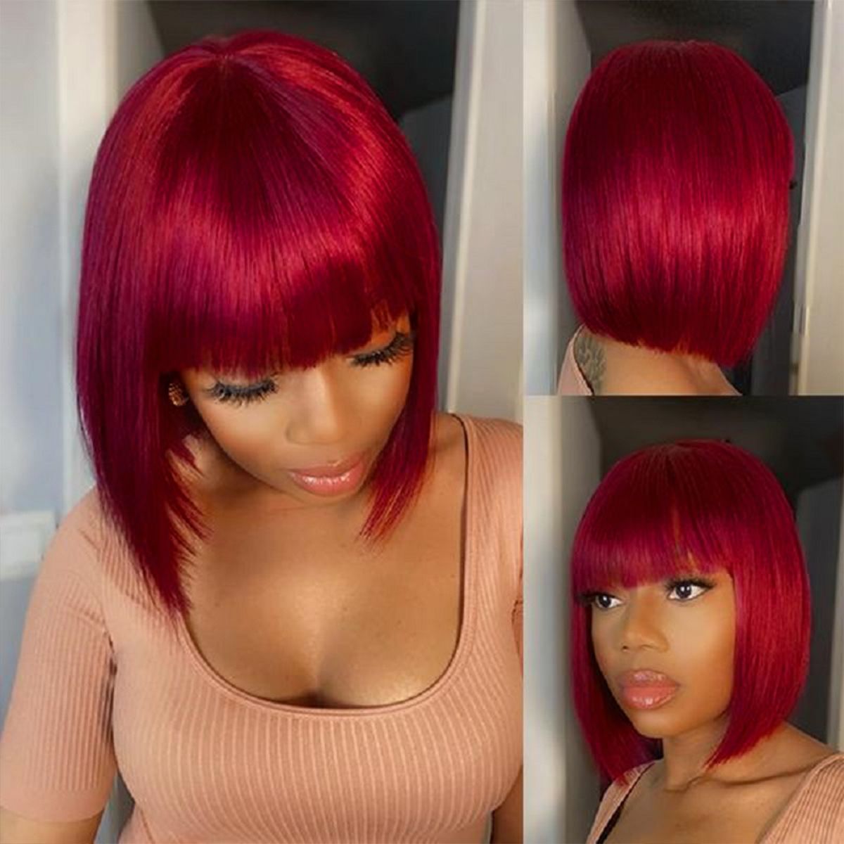 Red bob with bangs machine made wig (5)