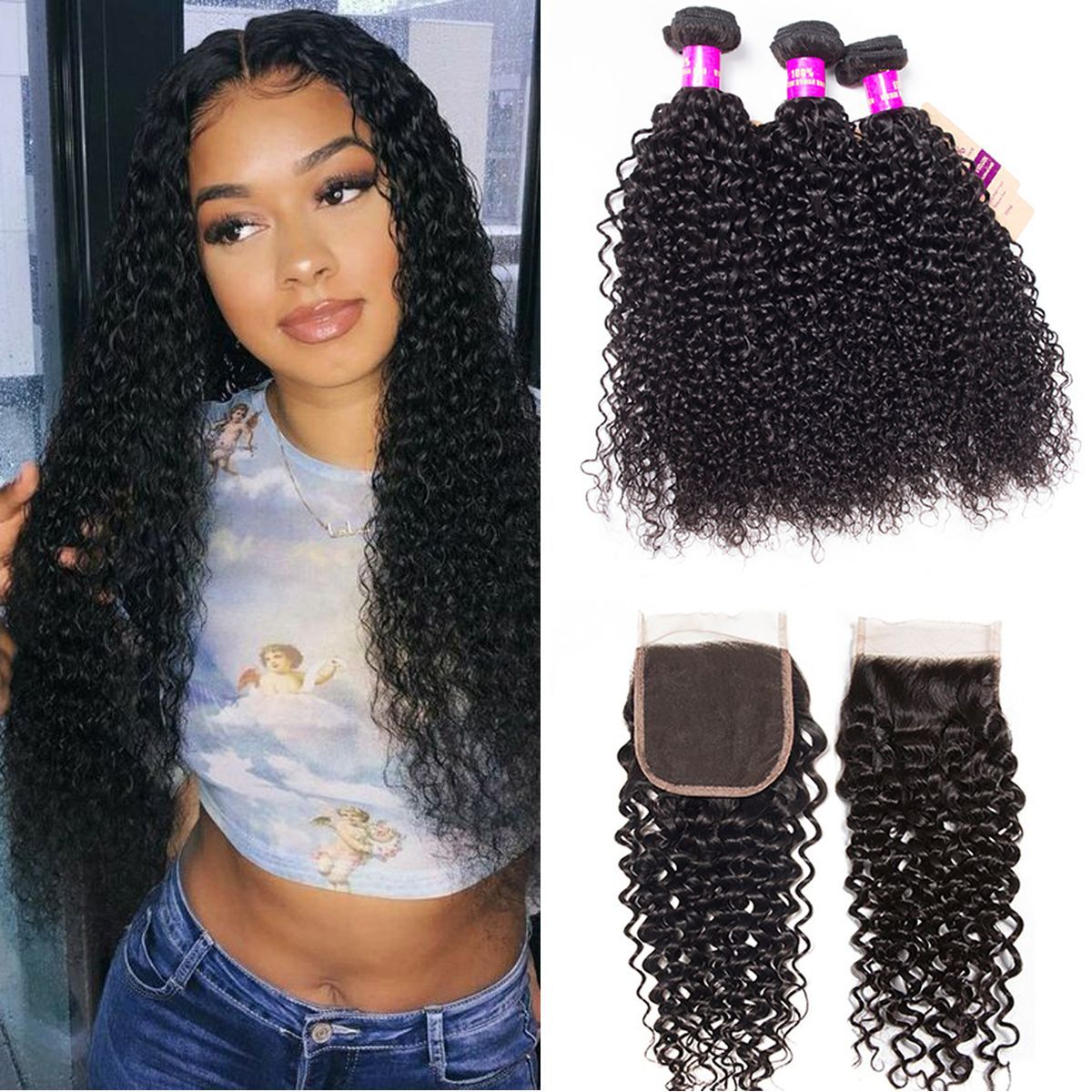 Brazilian Curly Virgin Hair With 5×5 HD Lace Closure 3 Bundles Sale