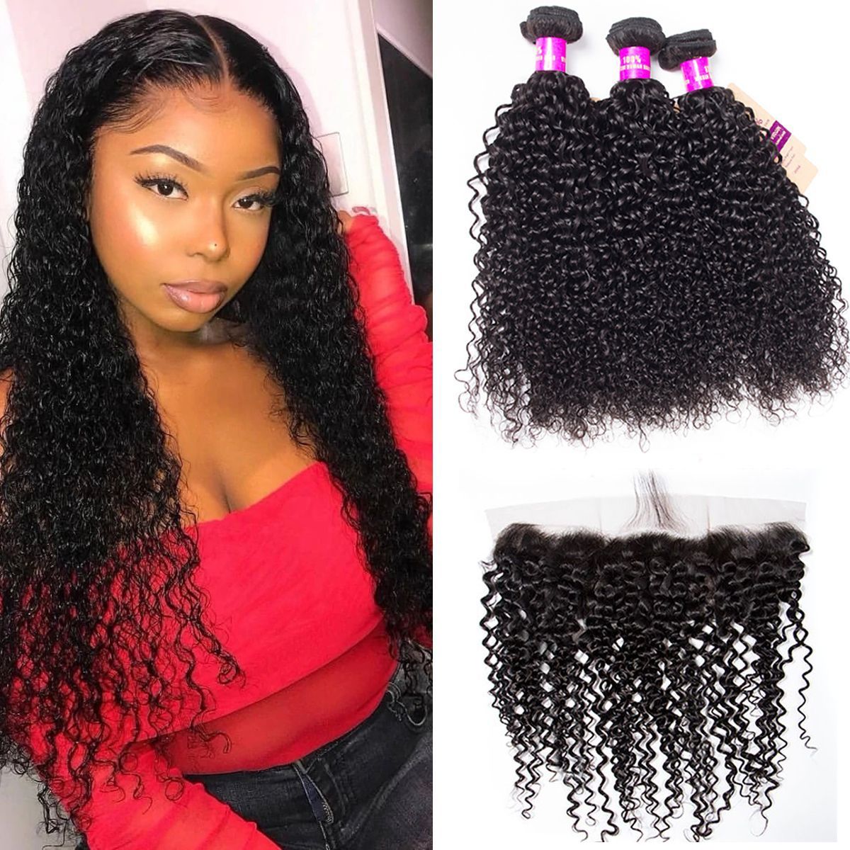 Curly Weave Human Hair 3 Bundle with 13×4 Transparent HD Lace Frontal Closure