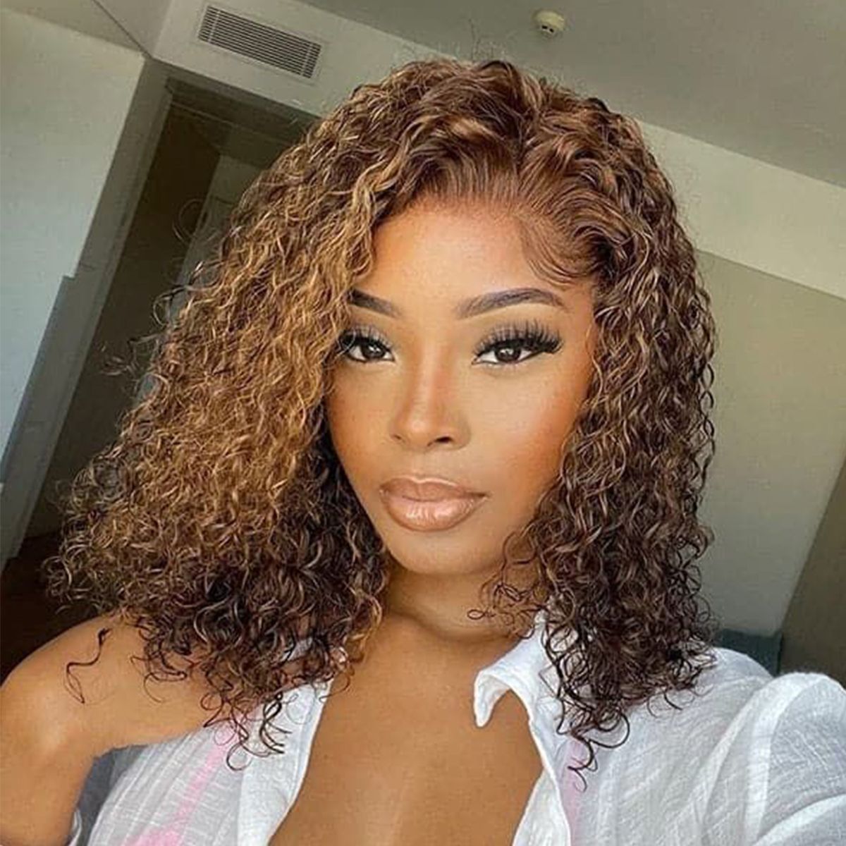 Balayage Highlight Honey Blonde Curly Bob Wig 13×4 Lace Front Wig | Tinashehair Balayage Highlight Honey Blonde Curly Bob Wig 13×4 Lace Front Wig | Tinashehair