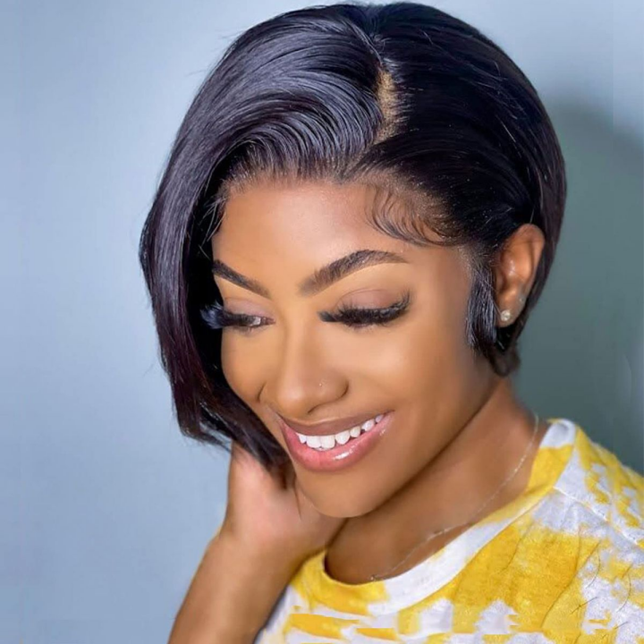 Glueless Human Hair Wigs Pixie Cut Straight Side Part Lace Front Wigs 8 Inch